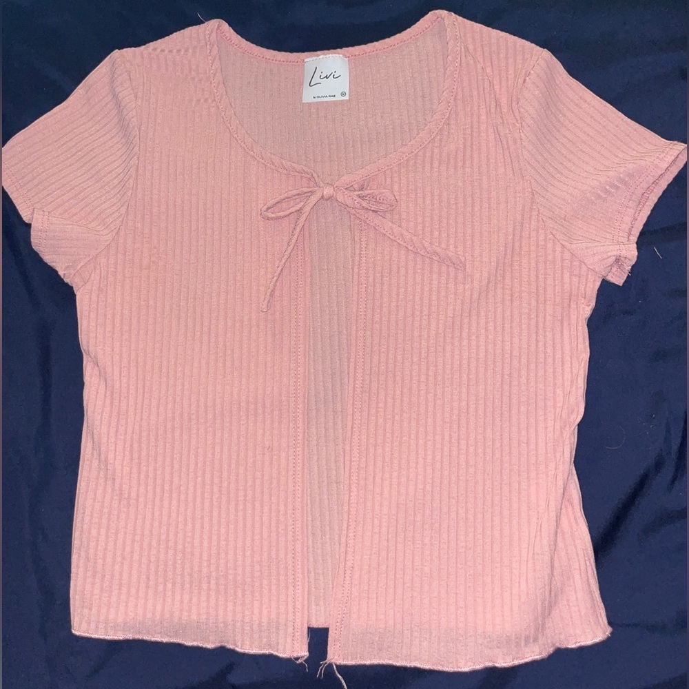 short sleeve tie front ribbed cardigan top - from marshalls, M, light pink